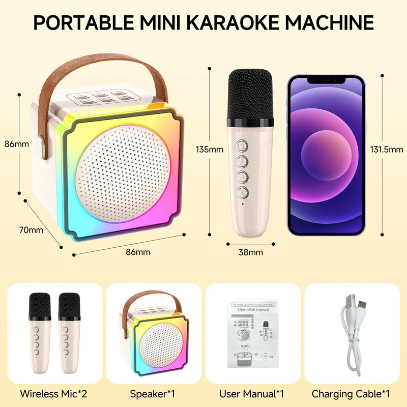 Mini Karaoke Machine for Kids,Portable Bluetooth Karaoke Machine with 2 Wireless Microphones, Kids Karaoke Machine for Birthday Home Party,Gift for Girls Boys（Beige） Beige