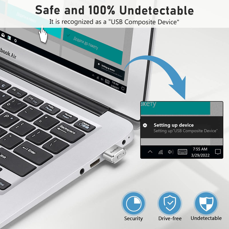 Mouse Jiggler Undetectable Metal USB Mouse Mover with Switch Button, Automatic Mini Mouse Shaker with 2 Jiggle Modes, Driver-Free, Plug-and-Play Keep Computer/Laptop Awake, with Type-C Adapter, Silver