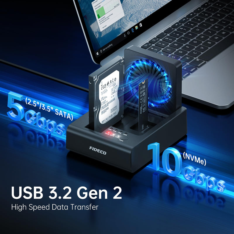 FIDECO Hard Drive Docking Station for M.2 NVMe SSD and 2.5"/3.5" SATA HDD with Bidirectional Offline Clone, M.2 NVMe to USB Adapter Cloner, SSD Reader with Foldable Cooling Fan