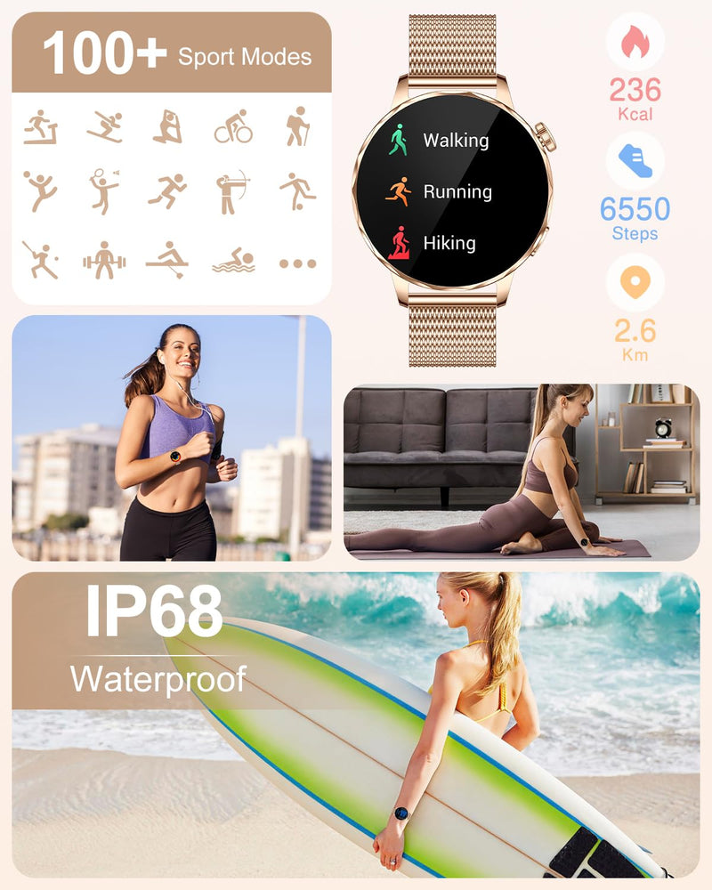 Smart Watch for Women with Bluetooth Calling, 1.27" AMOLED Touchscreen, IP68 Waterproof Fitness Tracker with Heart Rate & Sleep Monitor, 100+ Sports Modes for Android & iPhone