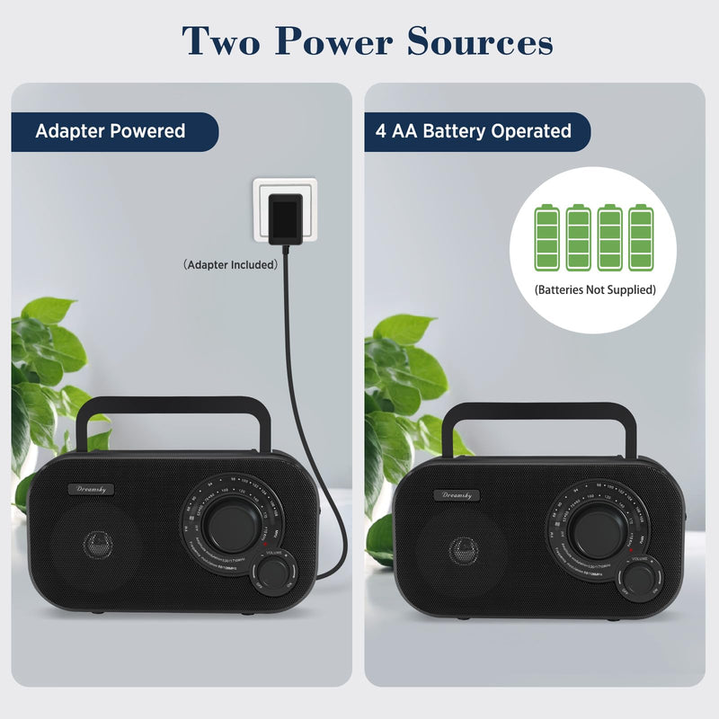 [AUSTRALIA] - DreamSky AM FM Portable Radio Plug in Wall or Battery Operated for Home & Outdoor, Strong Reception, Large Dial Easy to Use, Transistor Antenna, Headphone Jack, Small Gifts for Seniors Elderly Black 
