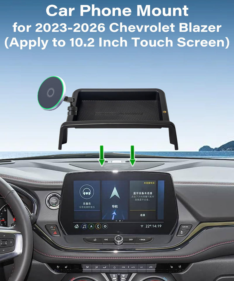Car Phone Mount for Chevrolet Blazer 2023 2024 2025 2026 Accessories | 10.2-in Screen Clip-On 360° Rotatable MagSafe 15W Fast Wireless Charger Cell Phone Holder, 3D Fit Navigation Cradle for 2023-2026 Blazer(10.2 Inch+Storage Tray)