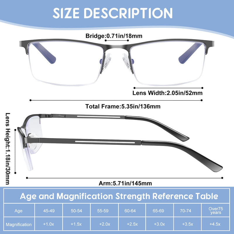 Blue Light Blocking Reading Glasses for Men, Half Frame Metal Readers Spring Hinge Eyeglasses Anti Eyestrain/Glare/UV 5 Pack Mix Color 1.5 x