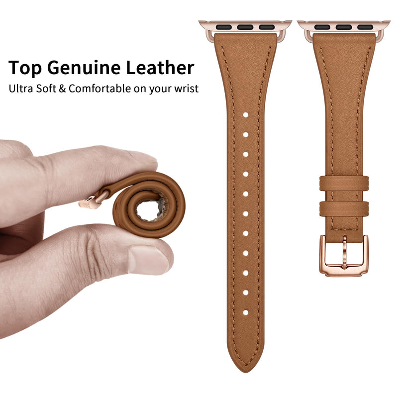 XCCYBTT Slim Leather Bands Compatible with Apple Watch Band 42mm 41mm 40mm 38mm, Genuine Leather Band Strap for iWatch Series 10/9/8/7/6/5/4/3/2/1/SE Women, Brown/Rose Gold and Brown/Black