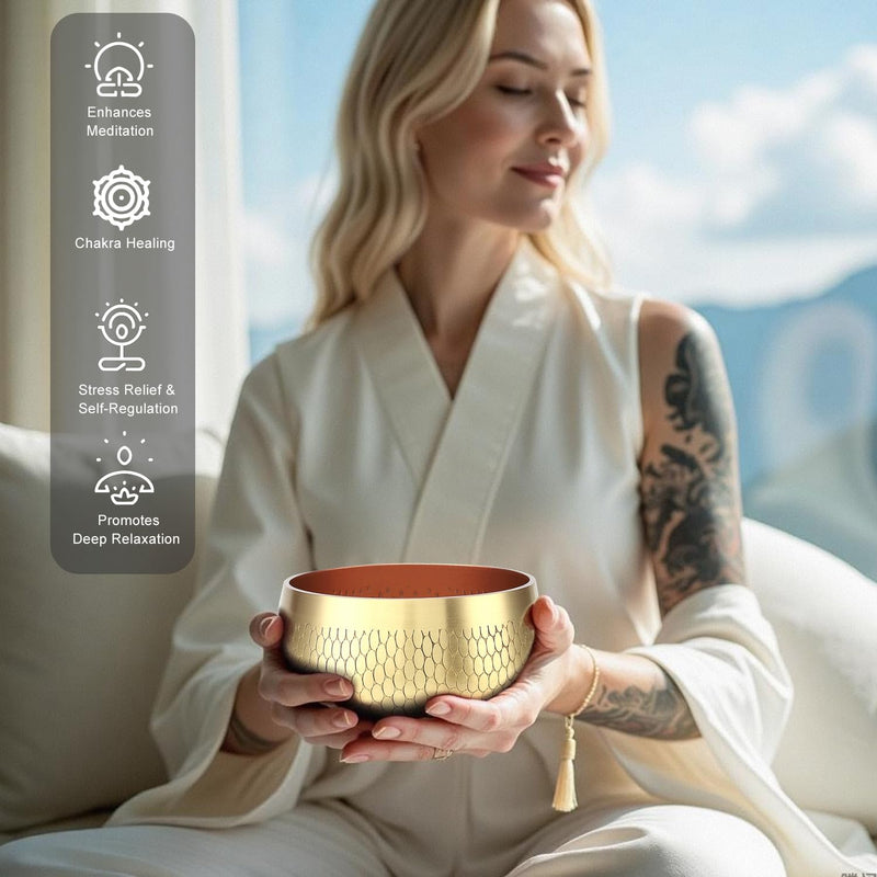 Tibetan Singing Bowl Set — Meditation Sound Bowl Handcrafted in Nepal, Long Lasting Sound for Deep Calming Relaxation, Meditation, and Sound Bowl Healing | Includes Mallet & Cushion(5") (4") 4"