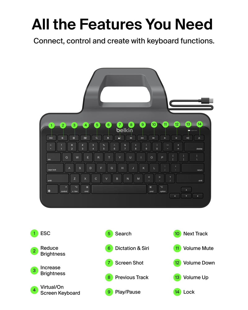 Belkin USB-C Wired Keyboard w/Stand, Plug & Play iPad | iOS keyboard, plug and play, no batteries, full-size keys, tablet accessory, classroom, office