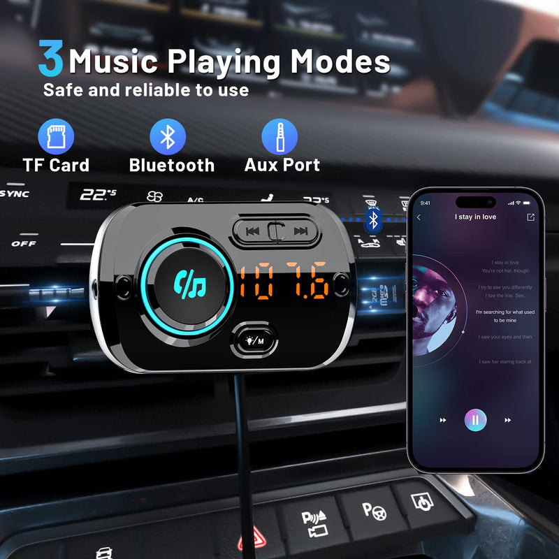 Bluetooth FM Transmitter for Car, Wireless Radio Adapter Car Music Player Receiver with Bluetooth FM Frequency Support Hands Free Call,Charger Dual USB Port,TF Card/AUX BC49BQ