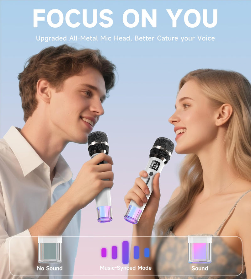 [AUSTRALIA] - Wireless Microphones, Microphone with One-to-One Chip Connection and LED Lights, 40H Duration, 200FT Range Receiving, Volume Control Karaoke Microphone for Singing, Speech, Home Party, YouTube/TikTok White 