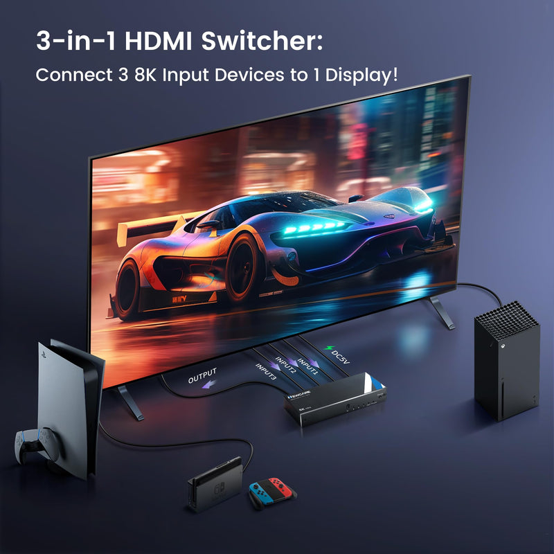 NEWCARE 8K HDMI 2.1 Switch 3 in 1 Out with Remote, 8K@60Hz 4K@120Hz HDMI Switch support 48Gbps, 3D Surround Sound, HDR 10+, VRR, ALLM,3 port HDMI Switcher Compatible with PS5/4 Xbox, Streaming Device 8K@60Hz HDMI Switch 3 in 1 Out