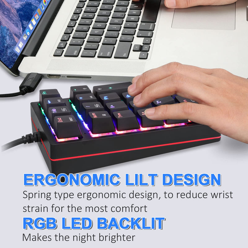 Motospeed Macro Mechanical Numeric Keypad USB Wired 21 Keys Mini Numpad Portable Keypad RGB Backlight Gaming Keypad Extended Layout for Cashier(Fully Programmable Keys) Blue Switch