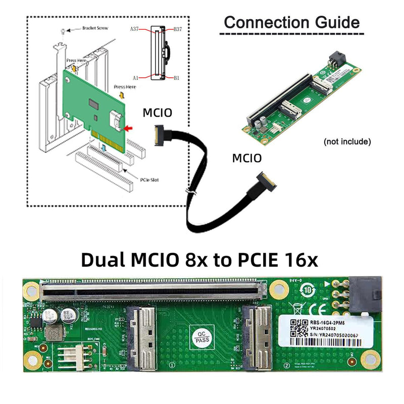 cablecc 2 Port 74Pin PCI-E 16X to PCI-E 5.0 MCIO 8i SFF-TA-1016 Adapter Mini Cool Edge IO Female PCI Expansion Card Adapter with 6Pin GPU Power Port for Expansion Graphics Dual MCIO-8X to PCI-E 16X Station