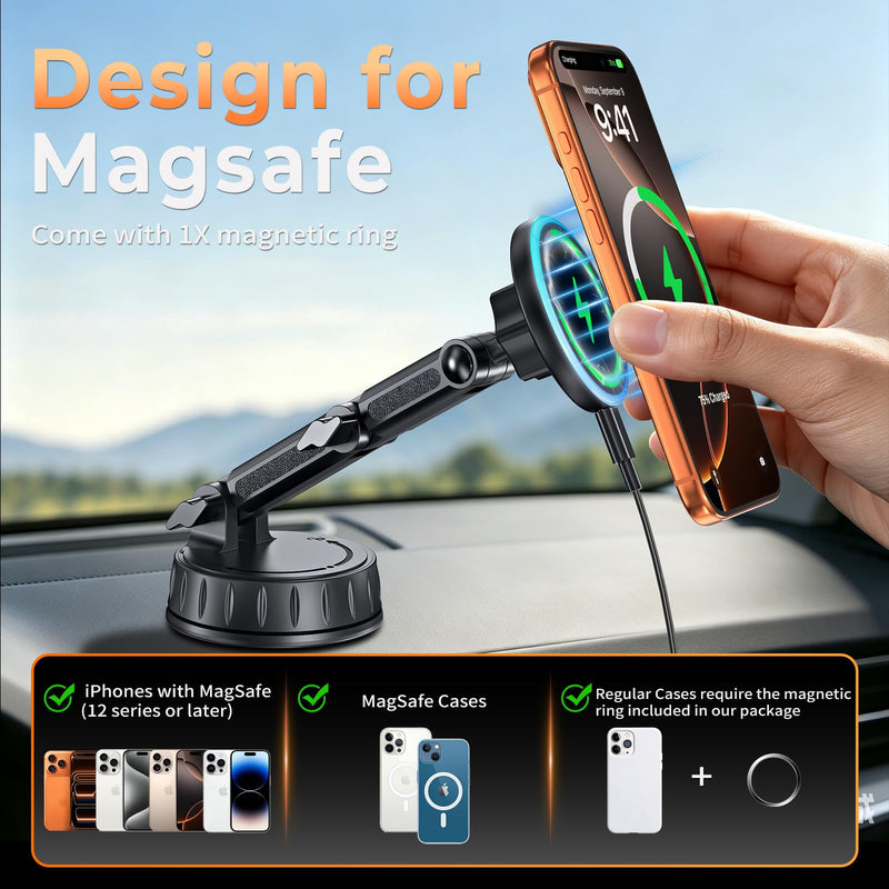 for MagSafe Car Mount Charger, Strong Magnetic Phone Holder for Your Car | Magnetic Adjustable Wireless Car Charger Fast Charging, Stable Phone Mount for Dash/Windshield, fits Phone 17 16 15 14 13 12