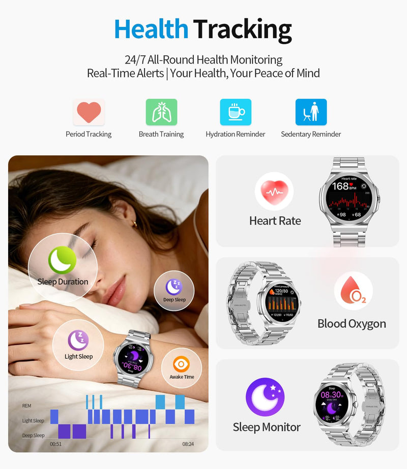 Smart Watch for Men Women, Make/Answer Calls, 1.27 Inch Full Touch Screen | 100+ Sport Modes, IP67 waterproof, health/heart rate/sleep tracking, compatible with Android & iOS, includes 2 straps. White steel belt