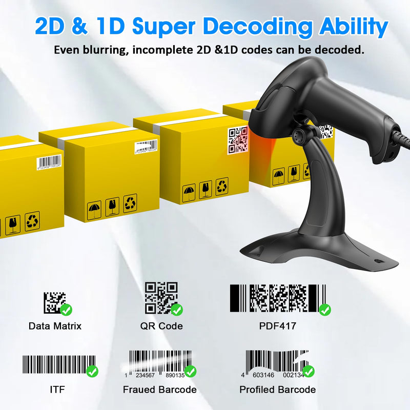 [AUSTRALIA] - Symcode Barcode Scanner with Stand USB Wired Inventory 2D 1D QR Code Scanner with Automatic Hands-Free Scanning Barcode Reader Scanner for Computer POS MAC 