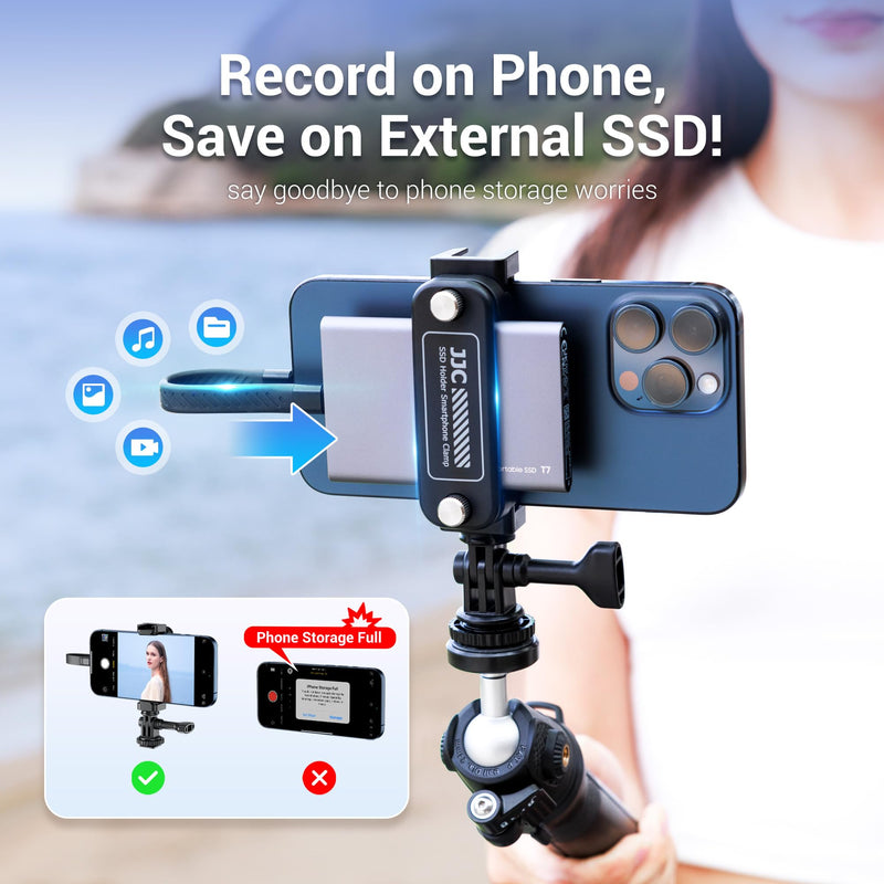 JJC 2-in-1 Multi-Use Phone Clamp SSD Holder Bracket, 360°Rotates SSD Mount Support with Cold Shoe, 1/4"-20 Tripod Mount for Photography Videography Video Recording Vlog Streaming