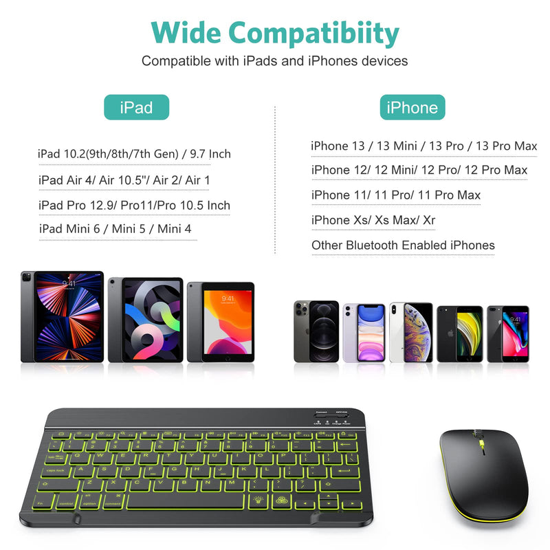 TECURS Bluetooth Keyboard and Mouse Combo for iPad, 7-Color Backlit Rechargeable Wireless Keyboard & Mouse Compatible with iPad 9th/8th Gen, iPad Pro/Air/Mini and ipadOS 13 and Above, Black