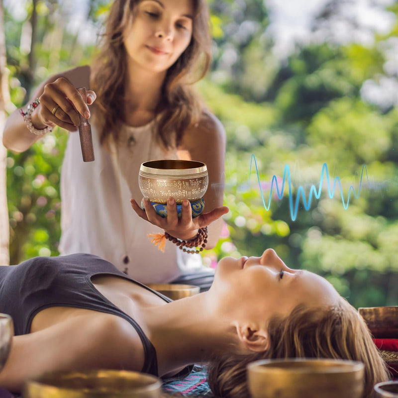 Tibetan Singing Bowls Set, SHANSHUI Meditation Sound Bowl hand Hammered in Nepal For Yoga, Mindfulness, Healing & Chakra Balancing 4 in Blue