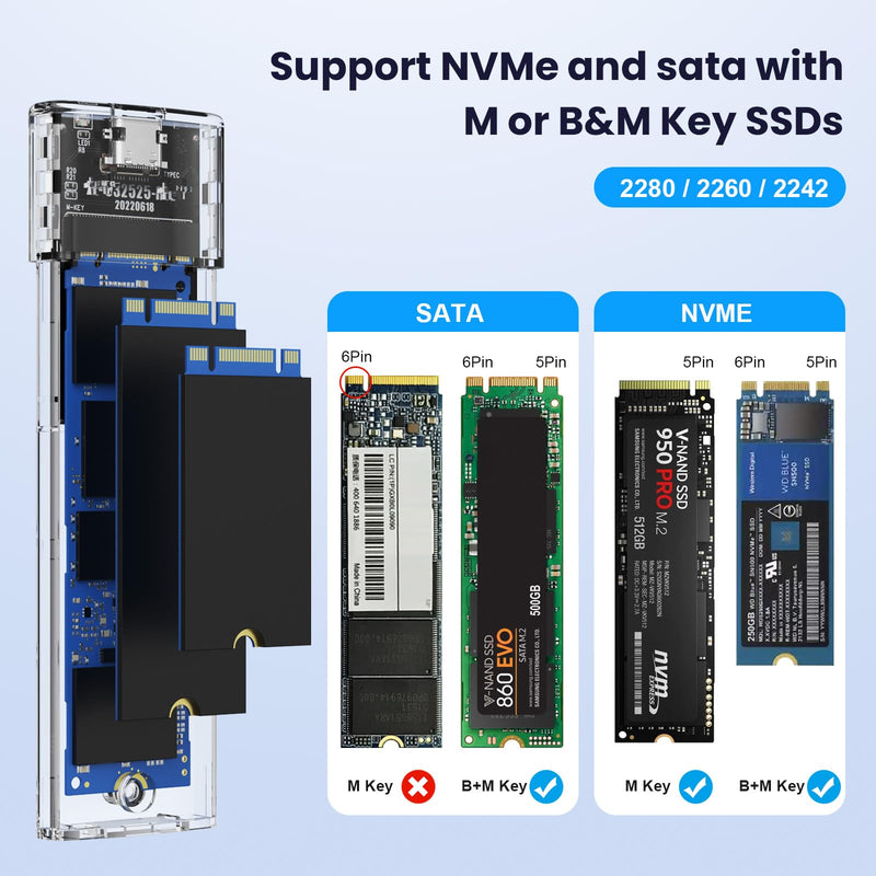 M.2 NVMe SATA SSD Enclosure, 10Gbps USB 3.1 GEN2 Support UASP Trim, Tool Free NVMe SATA SSD to USB-C Adapter Case for 2242/2260/2280