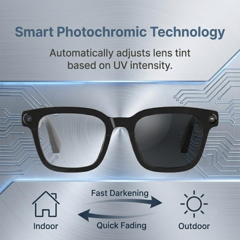 AI Smart Glasses with 8MP HD Camera, AI Translation, Bluetooth 5.3 | 1200P Video Recording with EIS, 139+ Languages Translation, Photochromic Lenses, Object Recognition, Open-Ear Bluetooth Audio Black