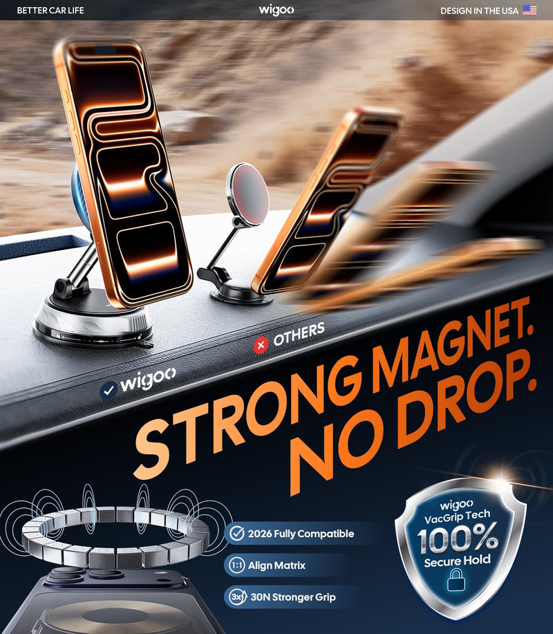 Wigoo Car Phone Holder for Magsafe [98LBS Suction & 3000gf Magnetic] | Phone Holders for Your Car for iPhone 17 Pro Max 16 15 14 13 12 Plus Air| 360° Adjustable Car Mount| Carbon Fiber