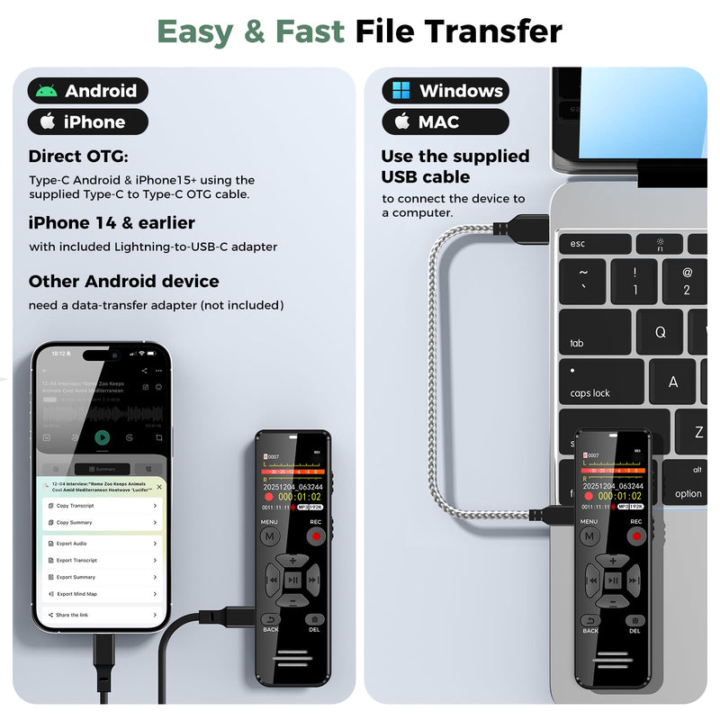 [AUSTRALIA] - AI Digital Voice Recorder with Playback: AI Transcribe & Summarize Voice Activated Recorder with OTG - Portable Tape Recorder for Meeting & Lectures 64GB 