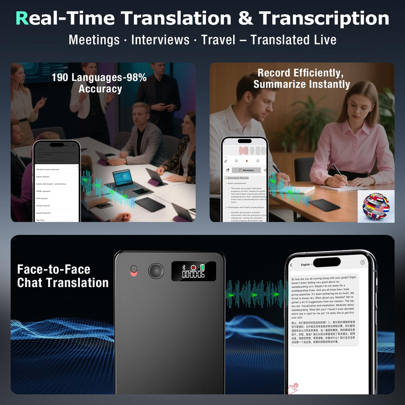 AI Voice Recorder, Audio Activated Recorder with Playback, App Control, Transcribe & Summarize with AI Technology, 190 Languages, 64GB Memory, Suitable for Lectures, Learning, Meetings, Calls Black