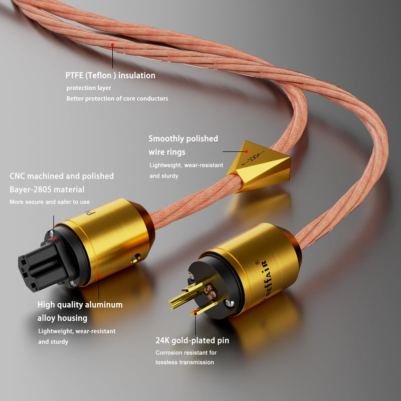 Preffair X461 OCC 5N Copper AC Power Cables 15AWG/4 x 1.5mm2 Wires with Gold Plated US-C15 IEC320 Power Connectors for Audiophile Subwoofer, Turntable, AMP, DAC (1.5M/4.9FT, X461P102G)