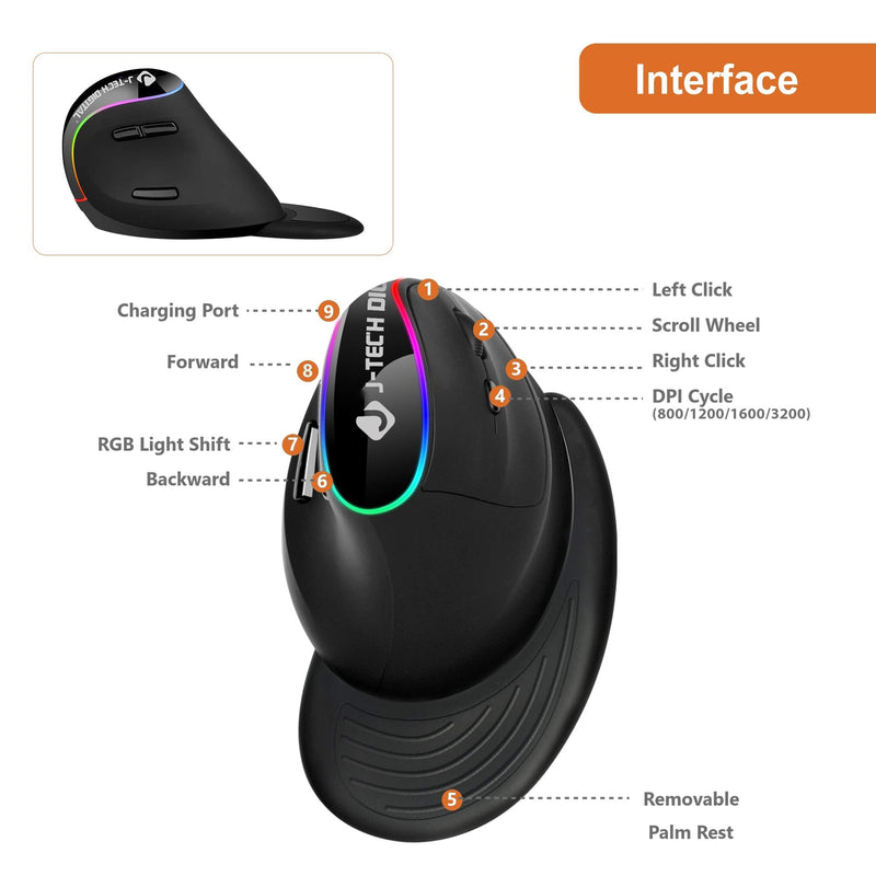 J-Tech Digital Ergonomic Mouse with Wireless Connection, Removable Palm Rest, Thumb Buttons, Rechargeable Battery, 800, 1200, 1800, 3200 Adjustable DPI; Compatible with Windows and MAC OS [V638] Right Hand Black RGB LED