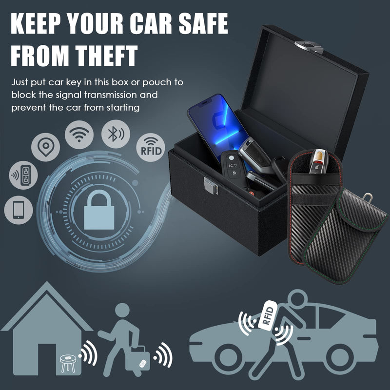 Faraday Box for Car Keys (Extra Large Size 19 x 12 x 9 cm) with 2 Pack Faraday Pouch for Car Keys, RFID Key Fob Protector Anti Theft Faraday Bags Key Fob Signal Blocker Car Key Signal Blocking Box