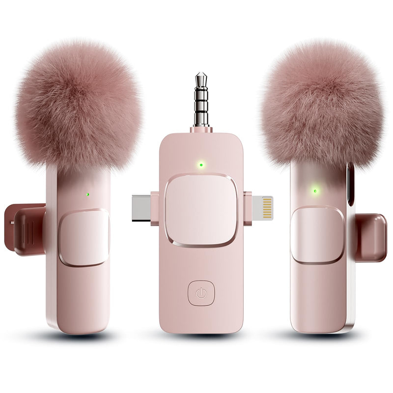 [AUSTRALIA] - PQRQP 3 in 1 Wireless Lavalier Microphone for iPhone, iPad, Android, Camera, Mini Microphone, 7-Hour Battery, High Definition Sound Quality for Interview, Video Podcast, Vlog (Pink) Pink 