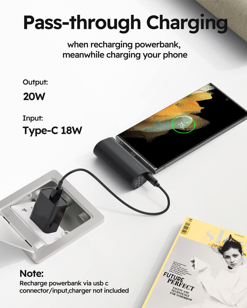 VEGER Portable Charger, USB C Power Bank, 5000mAh Mini Battery Pack Fast Charging 20W Small Charging Bank for Samsung Galaxy S21, S20, S10, S9, Note 20, Pixel, Moto, LG, Oculus Quest, Android Phones D Black