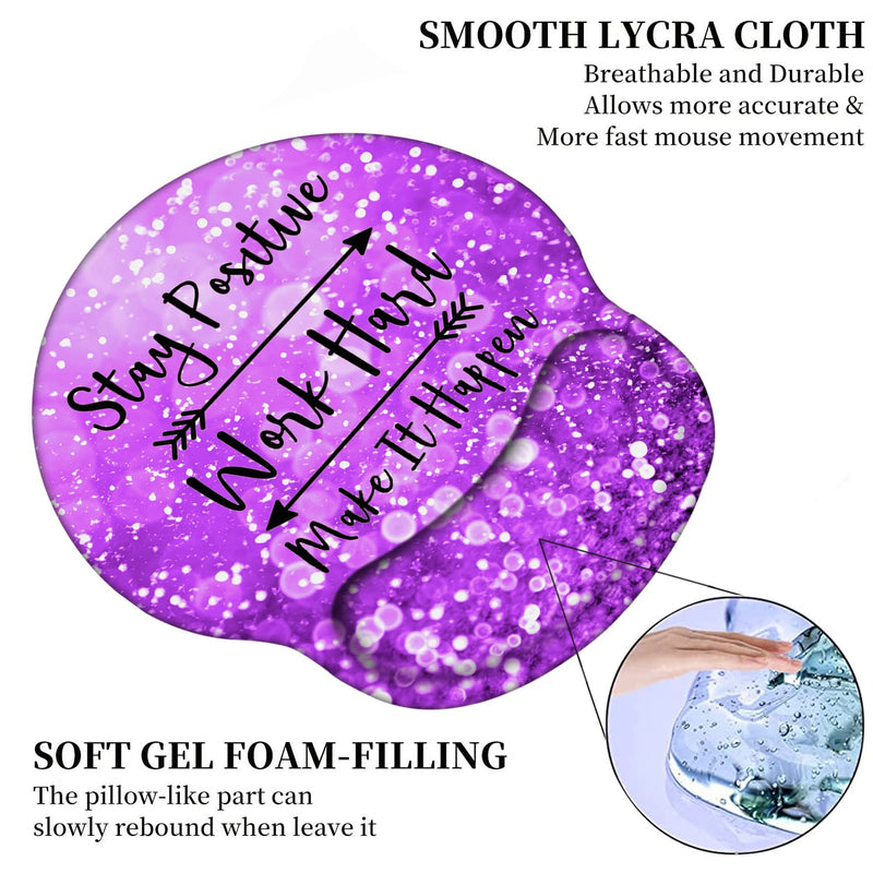 Mouse Pad with Wrist Support Gel Ergonomic Mouse Pads with Rest Support Mouse Pad for Home Office Working Pain Relief + Coaster, Stay Positive Work Hard and Make It Happen Purple Glitter Yu-mouse Pad-2-h24