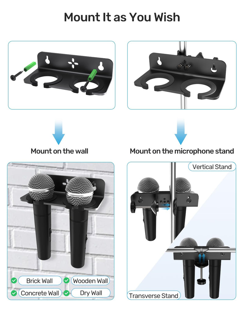 Multi Microphone Holder with Clamp (Aluminum/Rubber), Mount on Mic Stand & Desk Edge & Wall, Hold Up to 2 Wired/Wireless Handheld Mics, Ideal for Church, Street Performance, Home Studio, Karaoke