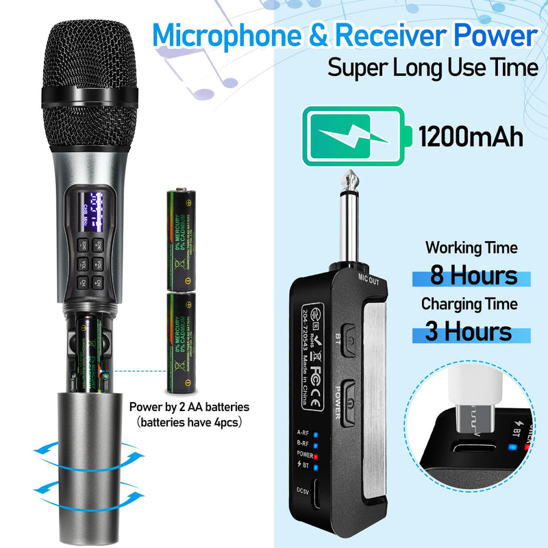 Wireless Microphone Karaoke System with Rechargeable Bluetooth Receiver,Professional Handheld Dynamic Cordless Microphone,UHF 200 FT Range,6.5mm/3.5mm Output, for Singing Karaoke Speech