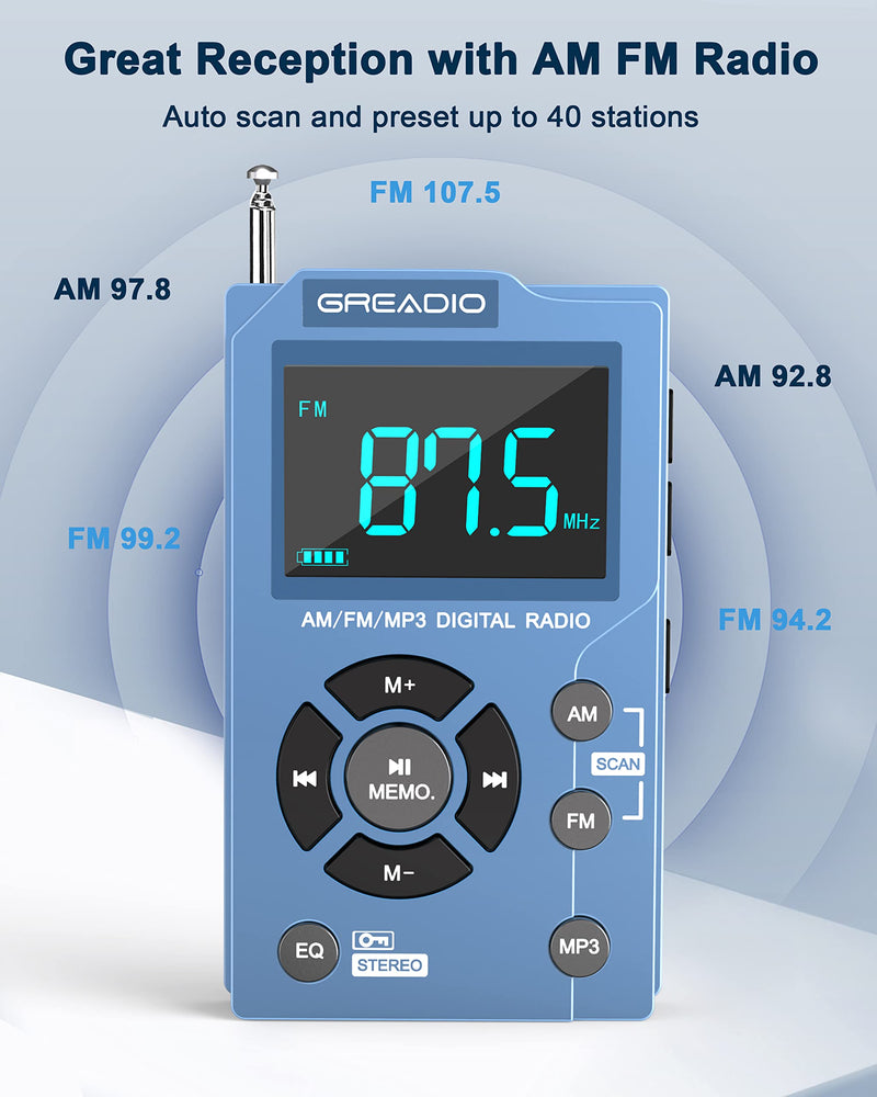[AUSTRALIA] - Greadio Portable AM FM Radio with MP3 Player, Best Reception Pocket Radio, Large LCD Screen and Easy to Use, 6 EQ Stereo, Earphone Jack for Jogging, Walking, Camping Blue 
