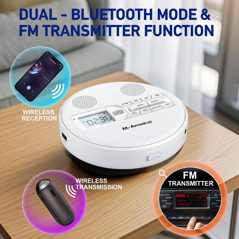 CD Player Portable, Rechargeable Portable CD Player with Dual Speakers and Anti Skip,CD,Dual Bluetooth,FM Transmission,USB,AUX,LCD Display,Sensitive Button,Repeat,10 Speeds for Home Car White
