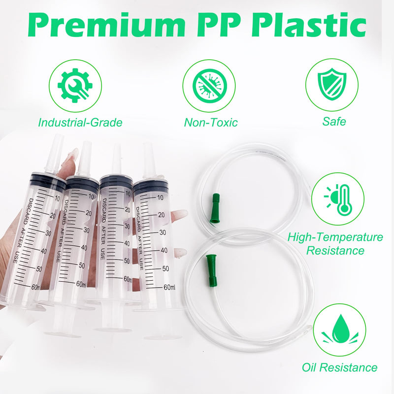 Pack of 4 Syringe Without Needle, 60 ml Large Colostrum Syringe, Sterile Liquid Dispensing Syringe, Graduated Plastic Syringe, Industrial Refill Syringe with 1 m Hose Caps for Liquid, Oil Suction