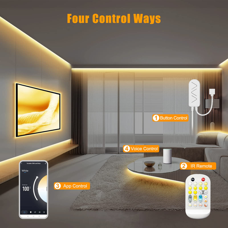 Tatazone 16.4ft Tunable White Smart COB Led Strip Light Kit, CCT 2700K-6500K Bright COB Led Tape Light Compatible with Alexa and Google, Dimmable Indoor COB Led Ribbon for Kitchen Cabinet, Room, TV