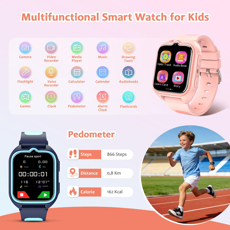 Blackview Kids Smart Watch with 32 Puzzle Games, HD Camera & Video Recording, 1.75" Touch Screen, Flashlight,Music Player, Pedometer, Alarm Clock,Stopwatch,Kids Watch for Girls Ages 4-12 Z30C-Pink