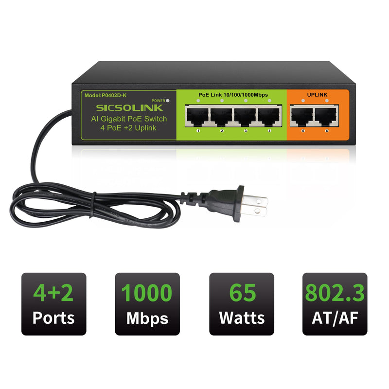 6-Port Gigabit PoE+ Switch, 4 PoE+ Ports & 2 Gigabit Uplink | 65W Total Power, 30W Per Port, IEEE 802.3af/at, Unmanaged Fanless Metal Housing Black 6 Port | 4*PoE+ (1000Mbps)