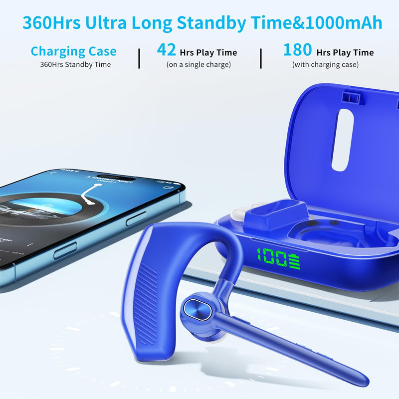 [AUSTRALIA] - Bluetooth Headset Wireless Earpiece Microphone 180H Playtime 1000mAh Wireless Charging Case Handsfree Single Ear Headset LED Display for iPhone Android Cellphones PC Computer Trucker Drivers Work Game Blue 