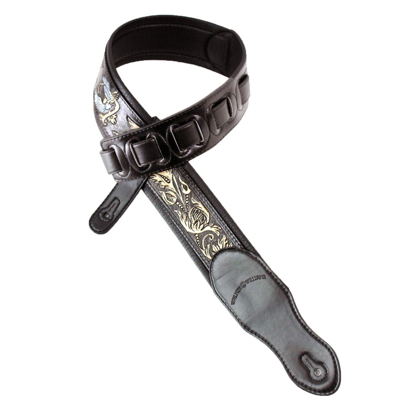 Walker & Williams KB-04-BLK Black Full Grain Handmade Center Block Premium Carving Leather Padded Guitar Strap With Banner Eagle And Vines For Acoustic, Electric, And Bass Guitars