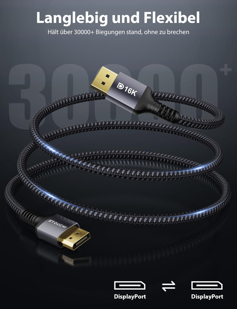 Stouchi DisplayPort Cable 2.1 2M/6.6Ft DP2.1/2.0 Cable [16K @ 60Hz, 10K @ 60Hz, 8K@120Hz, 4K@240Hz 165Hz 144Hz] Supports 80Gbps HDR DSC1.2a FreeSync G-Sync Display Port 2.1 Cable for Gaming Monitor 2-2 m 1 Pack Gray-16K