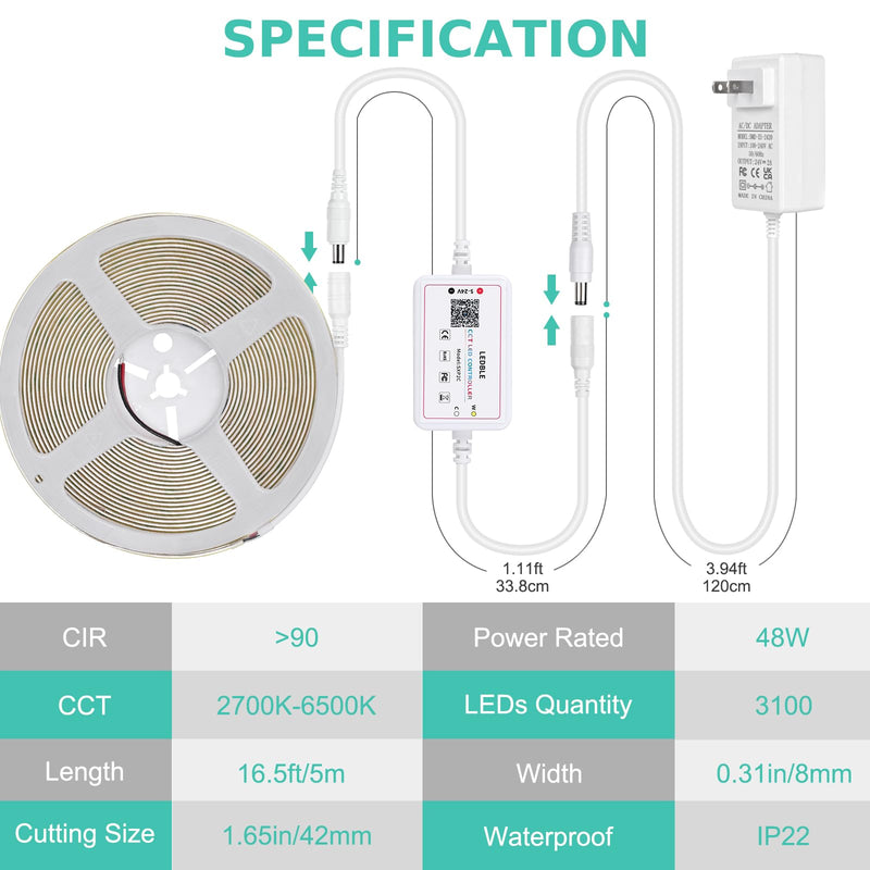 Wefomey COB LED Strip Light White, 16.5ft Dimmable 2700K-6500K High Density 3100LEDs 24V Flexible LED Tape Light with Remote and APP Control, for Under Cabinet Bedroom Kitchen DIY Lighting 16.4FT