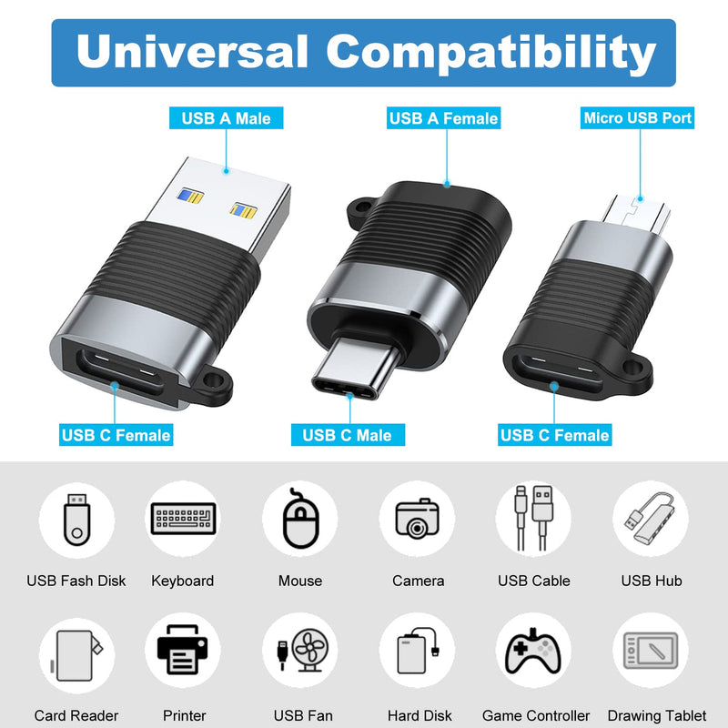 [AUSTRALIA] - AreMe USB C Adapter (6 Pack), Micro USB Male to USB C Female, USB 3.0 Male to USB C Female, USB Type-C Male to USB 3.0 Female Converter Connector Black and Grey 