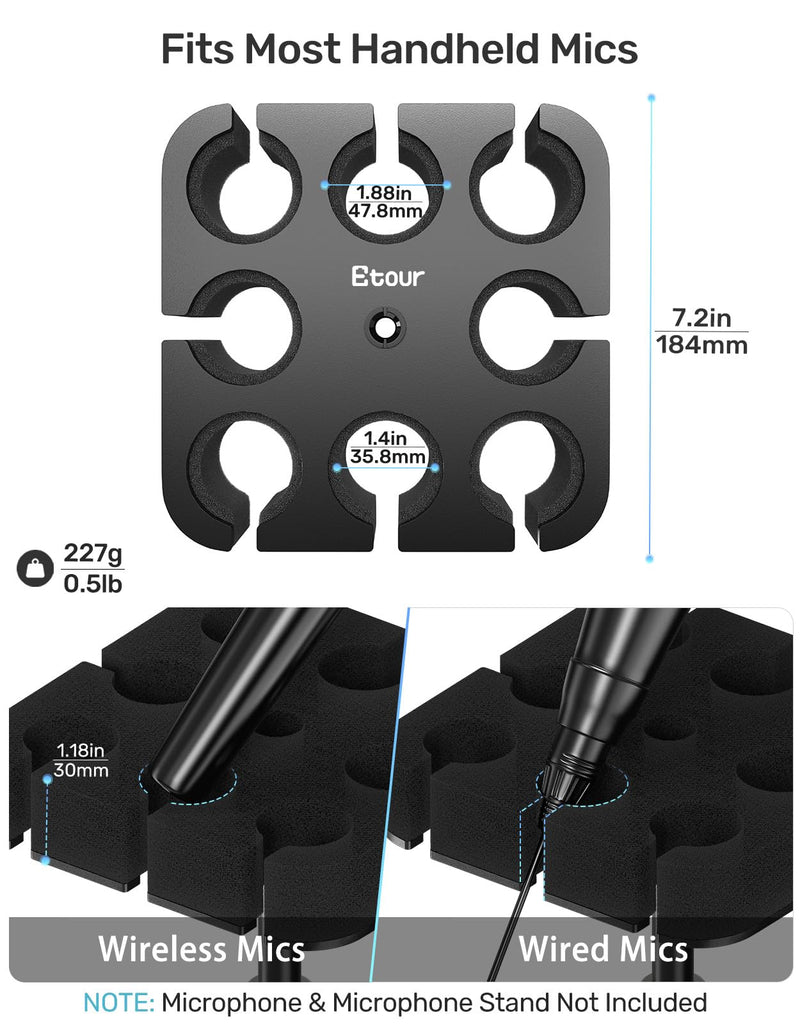 8-Slot Multi Microphone Holder, Alloy Base & Foam Padding & Anti-Roll Ring, Compatible with 5/8", 3/8" and 1/4" Threaded Stand, Wired & Wireles Mics Organizer and Display for Studio and Stage Mic UP to 8 (Foam)