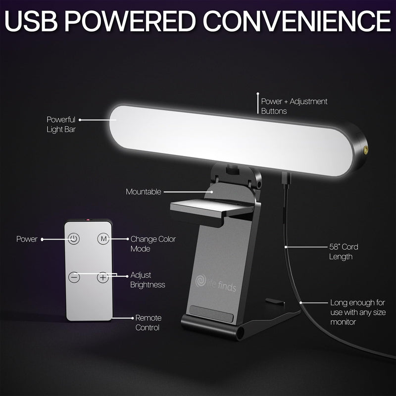 Life Finds Webcam Light for Streaming on Monitor or Laptop, Freestanding Video Conference Lighting, USB-C Connectivity, Remote Control Included, Black, LF-WL1