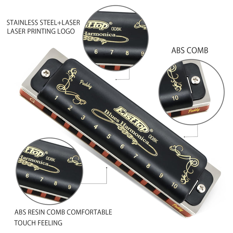 [AUSTRALIA] - East top Harmonica, Diatonic Blues Harmonica key of Paddy G, 10 Holes 20 Tones 008K Mouth Organ Harmonica for Adults, Professionals and Students black-Paddy G 