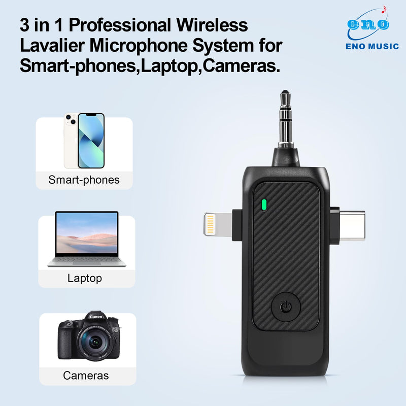 ENO MUSIC 3 in 1 Clip-on Wireless Lavalier Microphones for iPhone, Android, Camera, 8 Hours Rechargeable Battery, USB-C Microphone with Noise Reduction for Video Recording, Vlog, YouTube, TikTok
