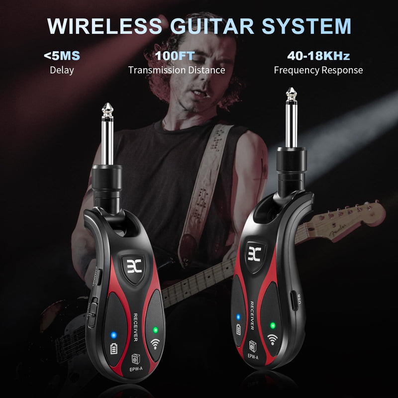 Professional Wireless Guitar System, 20 Channels, <1.5ms Ultra-Low Latency, 164ft Range, 270° Rotating Plug, Rechargeable Guitar Transmitter & Receiver for Guitar Bass Electric Instrument